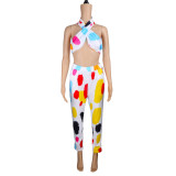 Fashion sexy halter color cow pattern bundled casual two-piece suit