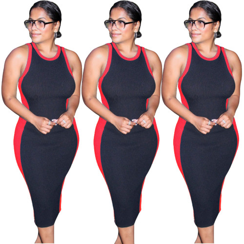 Classic red and black tight-fitting tank top one-step dress