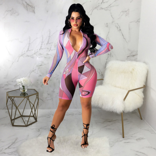 Fashion mesh printed long-sleeved jumpsuit