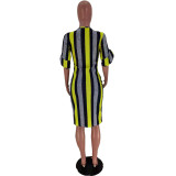 Plus Size Women's Cotton Striped Ruffle Sleeve Pullover Dress