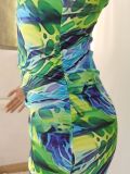 Personalized print pleated sexy slanted shoulder diagonal dress plus size