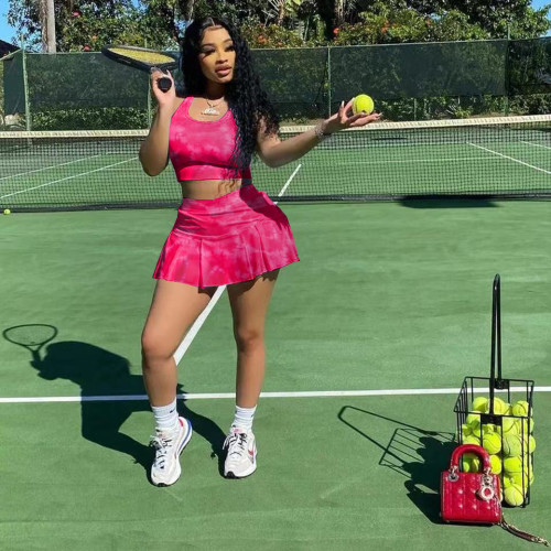 Net celebrity tennis suit sports wind vest pleated skirt printed culottes two-piece suit