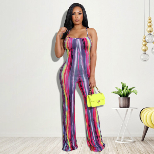 2021 summer new style printed irregular stripe fashion jumpsuit