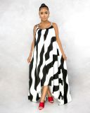 Striped print mopping floor irregular hem large size loose ladies suspender dress