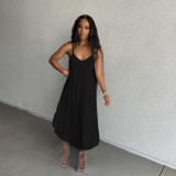 Fashion casual sexy solid color hanging wide loose imitation cotton deep V slit dress