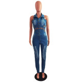 Denim slim slimming jumpsuit with white spray and hole cutout jumpsuit denim trousers