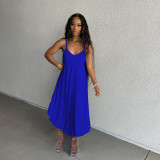 Fashion casual sexy solid color hanging wide loose imitation cotton deep V slit dress