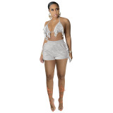 Pure color tassel strap sexy nightclub style two-piece shorts suit