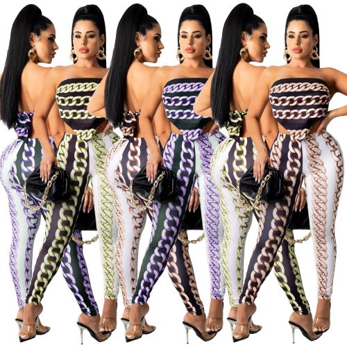 Digital positioning iron chain printing triangle tube top fashion sexy 2-piece set