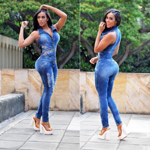 Denim slim slimming jumpsuit with white spray and hole cutout jumpsuit denim trousers