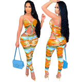 Cotton print hanging shoulder tube top drawstring earth element fashionable sexy jumpsuit