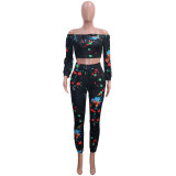 Casual long-sleeved graffiti printed sports trousers two-piece suit women