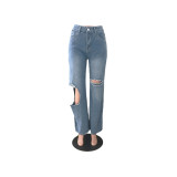 Ladies jeans ripped holes show thin stretch cotton jeans women's trousers