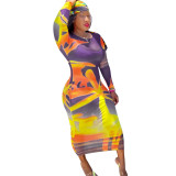 Casual round neck long sleeve positioning printing net yarn dress fashion one step skirt women