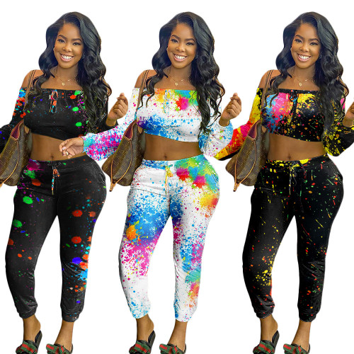 Casual long-sleeved graffiti printed sports trousers two-piece suit women