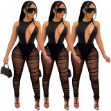 Women's stitching color contrast shrinking breastless fashion sexy jumpsuit
