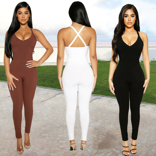Pure color high elastic pit strip fabric casual sling jumpsuit