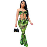 Sexy suit with sling tie rope net gauze printed trousers wide-leg pants