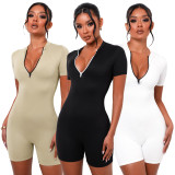 Contrasting halter deep V zipper jumpsuit