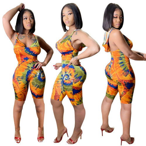 Fashion sexy women's clothing tie-dye printed halter jumpsuit