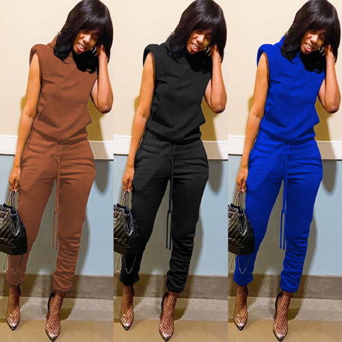 Fashion casual new solid color hooded shoulder pad short-sleeved pants suit