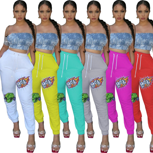 Fashionable Fruit Color Printed Elastic Waist Pants with Tie Rope Casual Pants