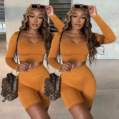 Women's casual fashion solid color long-sleeved shorts two-piece suit