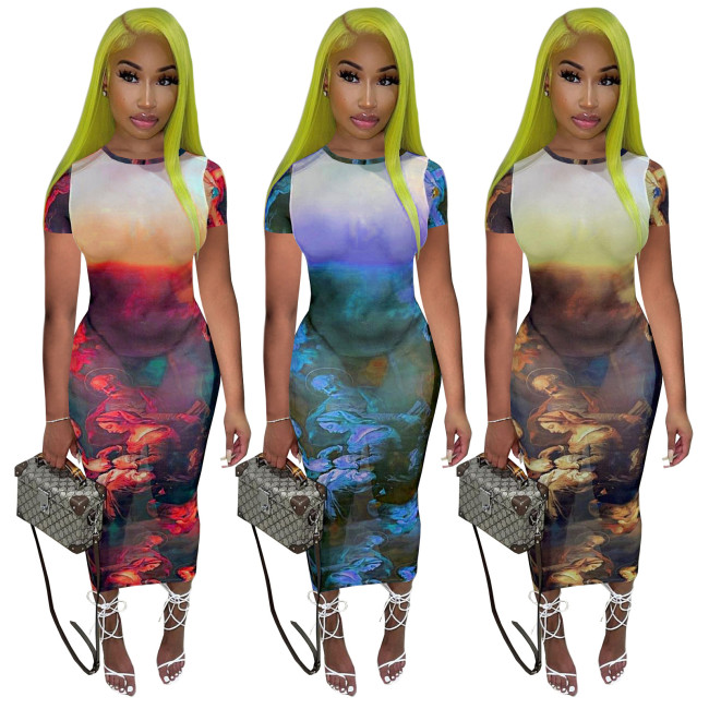 See-through mesh oil painting nun positioning printing dress nightclub skirt