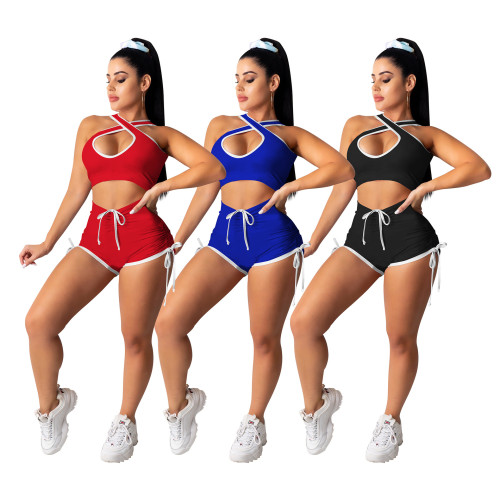 Sleeveless sexy two-piece solid color vest shorts sports two-piece suit