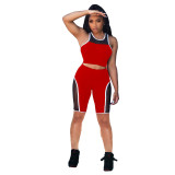 Fashion casual solid color stitching mesh braid perspective slim-fitting vest and shorts two-piece suit