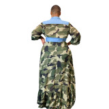 Plus size fat lady camouflage print long-sleeved floor-length shirt dress