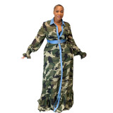 Plus size fat lady camouflage print long-sleeved floor-length shirt dress