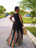 Fashionable solid color stitching geometric print big casual dress