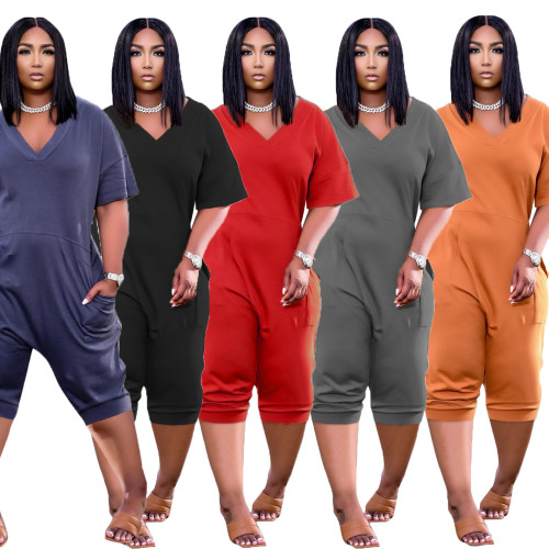 Women's loose solid color V-neck casual cropped jumpsuit