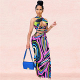 Digital printed cross-hollow vest and tie long skirt two-piece suit