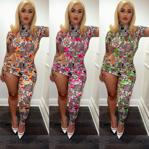 Printed playing cards short-sleeved irregular waist jumpsuit two-piece suit