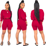 Net Red Fashion round neck long-sleeved sweater, pockets, two-piece shorts suit