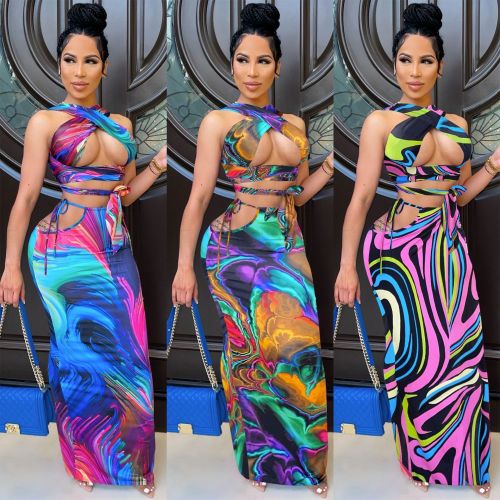 Digital printed cross-hollow vest and tie long skirt two-piece suit