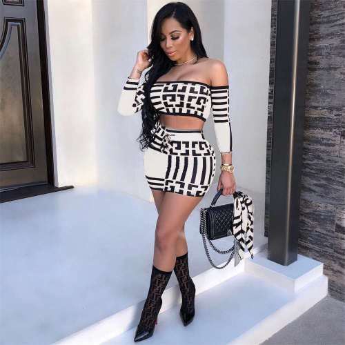 Women's printed mid-sleeve short skirt two-piece suit skirt