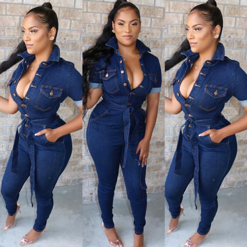 Net Red Fashion casual sexy denim jumpsuit