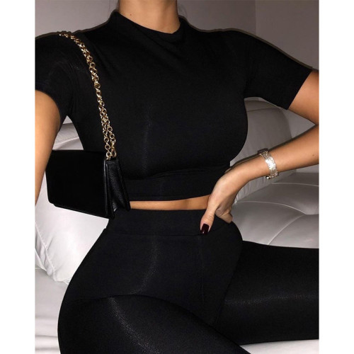 Fashion casual short-sleeved crop top tight-fitting two-piece suit