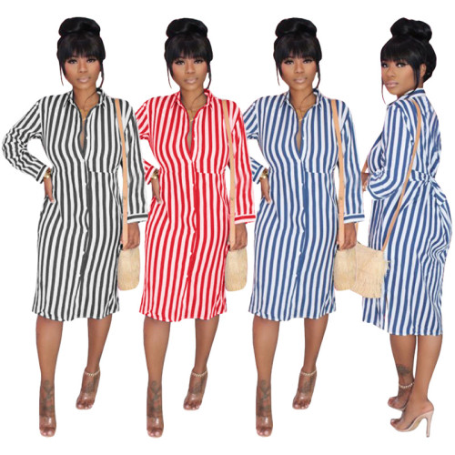 2021 summer and autumn new long-sleeved loose casual striped shirt skirt