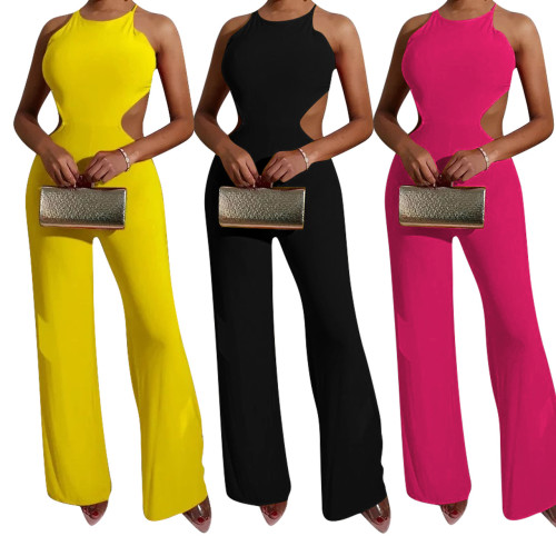 Multicolor solid color halter strap sexy wide-leg cotton jumpsuit