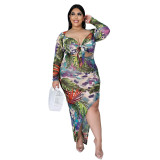 Fashionable large size sexy printed strappy asymmetrical dress with diagonal slits