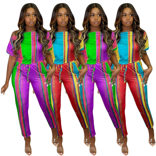 Fashion and leisure Leaky shoulder multi-color printing short-sleeved lace-up jumpsuit