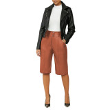 Casual elastic waist straight five-point imitation leather trousers PU plus size leather pants women