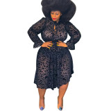 Oversized women's flower collar flocked mesh leopard print see-through dress