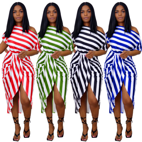 Women's positioning printing one-shoulder striped fashion slim dress