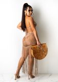 Women's knitted mesh sexy tube top fringed beach dress two-piece suit