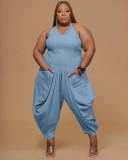 Fashion women's plus size 5XL solid color sling harem jumpsuit